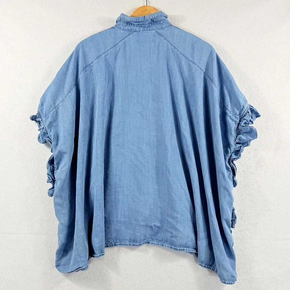 Zara Ruffle Denim Top Womens Medium Blue Oversized Boho Coastal Cape Blouse